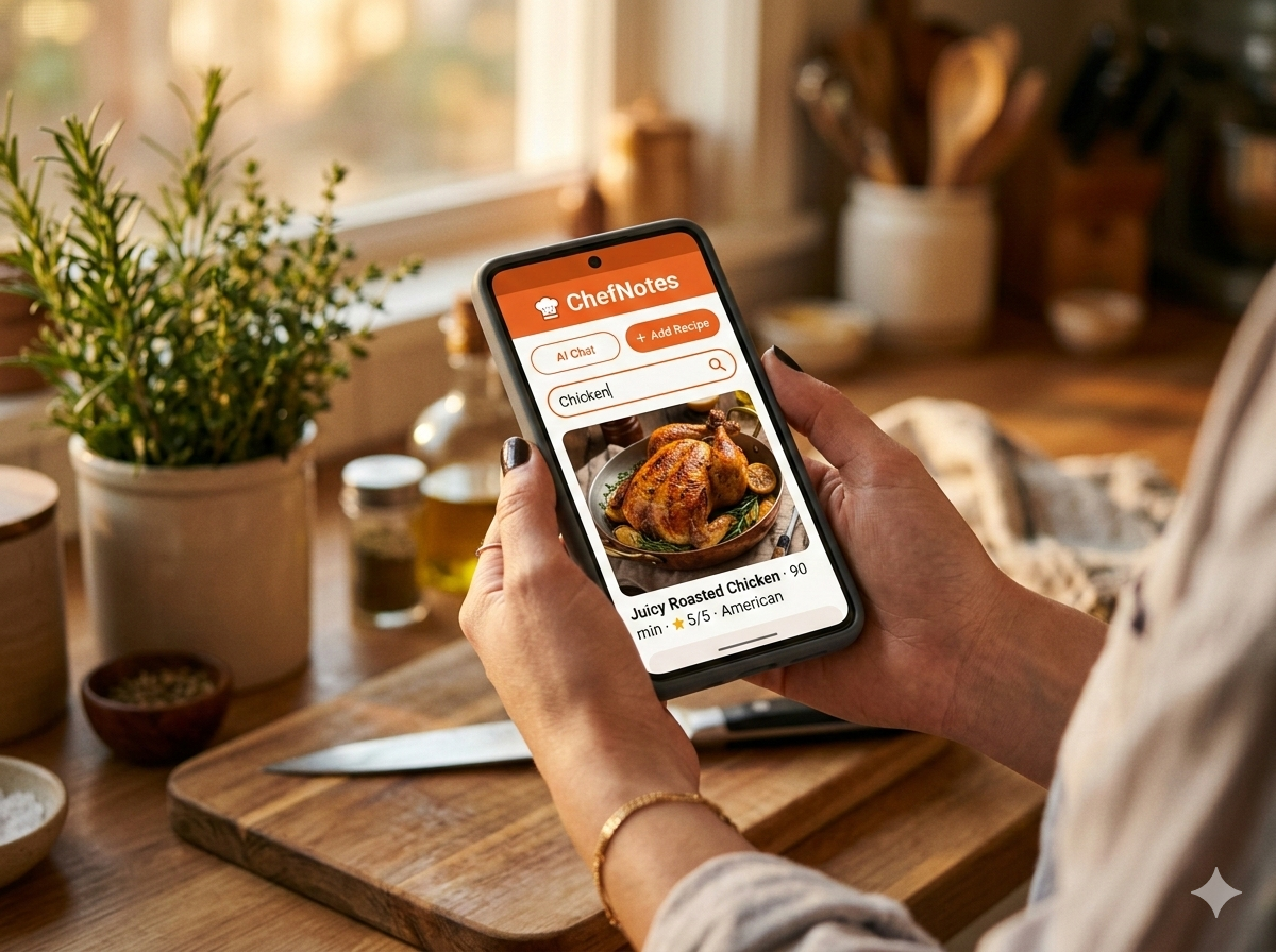 Home cook using ChefNotes on a laptop in a warm kitchen
